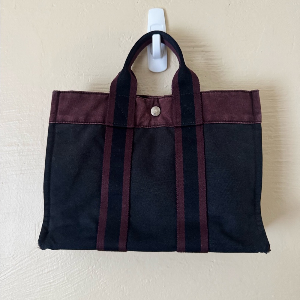 Hermes Small Fouerre Tout Canvas Tote Bag (Black and Maroon/Burgundy Stripe)
